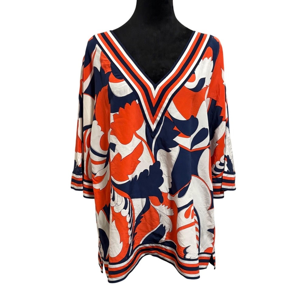 Trina Turk Tunic Women M Orange Navy Silk Abstract Floral V-Neck Top Excellent